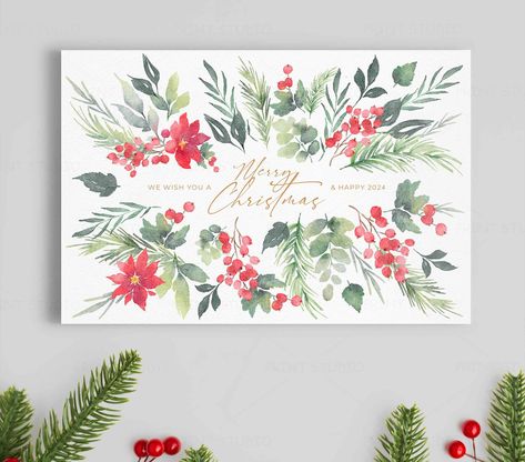 Christmas Watercolors, Christmas Wreath Illustration, Happy Christmas Card, Christmas Stock Photos, Holiday Canvas, Wreath Illustration, Christmas Calligraphy, Watercolor Christmas Tree, Christmas Card Art