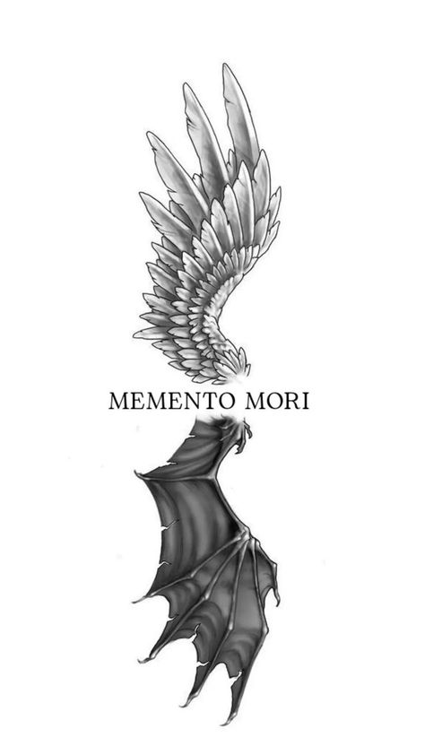 Demon Angel Tattoo Design, Good And Evil Wings Tattoo, Memento Mori Skull Tattoo, Teal Tattoo, Angel Demon Tattoo, Angle Wing Tattoos, Wings Tattoo Design, Thigh Piece Tattoos, Angel Devil Tattoo