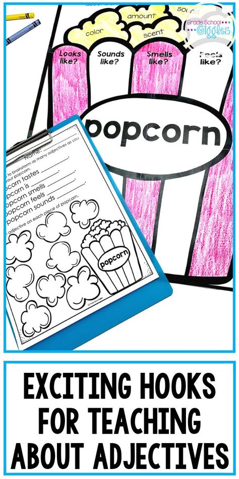 Introducing your lesson with an exciting hook activity is a great way to get your students engaged in learning. Grammar tends to be a dry topic, but teaching about the parts of speech can be fun. These hook activities for teaching adjectives to first, second, or third-grade students are fun! Plus, the printable definition poster, list of adjectives prompts, cute anchor charts, and matching student worksheets are all FREE! Check out the post and download the free adjective printables. Adjectives For First Grade, Adjective Activities 3rd, Jolly Grammar, Elementary Grammar, Adjectives Lesson, Teaching Adjectives, Adjectives Activities, List Of Adjectives, Activities Elementary