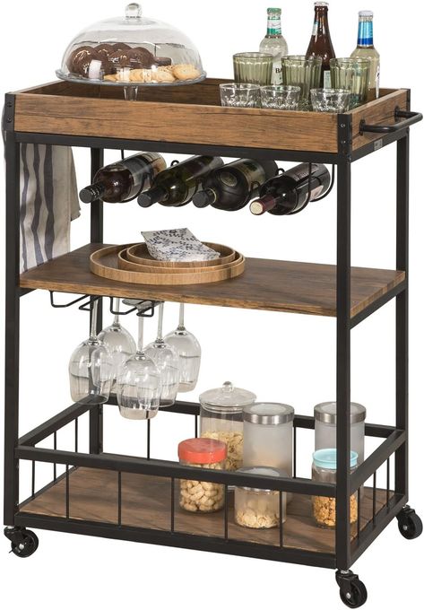 Bar Serving Cart, Serving Trolley, Bar Cart Styling, Kitchen Trolley, Storage Trolley, Glass Rack, Industrial Vintage, Glass Storage, Kitchen Cart