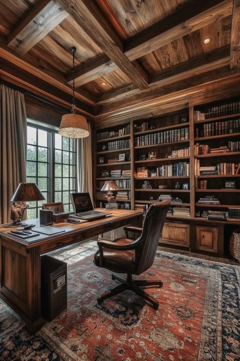 Work in Style with Rustic Home Offices 🖥️✨ Transform your home office with rustic charm. Use natural materials, warm tones, and vintage accents to create a cozy and productive workspace. 🌿🏡 #RusticHomeOffice #HomeDecor #WorkFromHome #OfficeInspo Elegant Home Office Ideas For Women, Rustic Home Office Ideas, Small Home Office Furniture, Womens Home Office, Womens Home Office Ideas, Rustic Home Office, Office Ideas For Women, Cabin Office, Home Office Ideas For Women