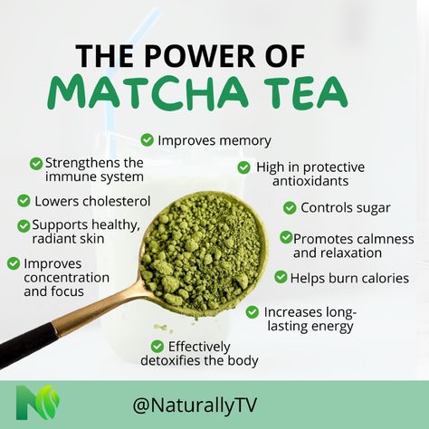 Discover the power of matcha tea! 🍵✨  This superfood is rich in antioxidants, promotes concentration and boosts metabolism.  It also helps reduce stress and improves mood thanks to its L-theanine content.  One cup gives you constant energy without the caffeine spikes.  Incorporate matcha into your daily routine and feel the difference. 💪❤️ #MatchaTea #Superfoods #Wellness #Naturallytv L Theanine, Improve Concentration, Improve Memory, Improve Mood, Matcha Tea, Lower Cholesterol, Boost Metabolism, Burn Calories, Superfoods