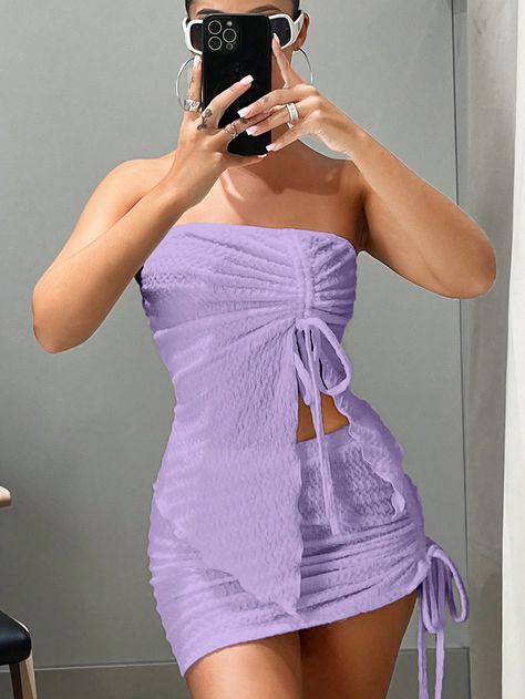 Women's Strapless Crop Top With Drawstring Hem And Split Skirt Set Lilac Purple Casual    Plain  Slight Stretch  Women Clothing, size features are:Bust: ,Length: ,Sleeve Length: Lilac Crop Top Outfit, Lilac Crop Top, Two Piece Outfits Shorts, Purple Two Piece, Shein Icon, Rock Outfit, Strapless Crop Top, Purple Outfits, Split Skirt