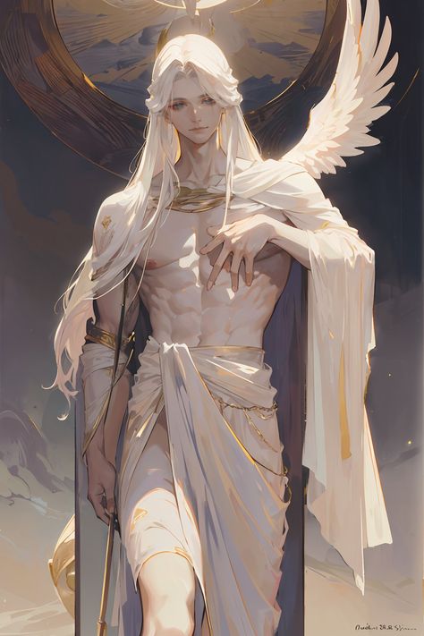 Angel Original Character, Guardian Angel Character Design, Man With White Hair Art, Robe Drawing References, Angel Man Art, Angel Male Art, Male Angel Aesthetic, Angel White Hair, Long Hair Men Drawing