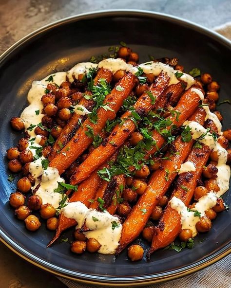 Recipes Emily | Spicy Maple Roast Carrots with Crispy Chickpeas and Yogurt Sauce  | Facebook Roast Carrots, Maple Roasted Carrots, Honey Roasted Carrots, Holiday Appetizers Recipes, Crispy Chickpeas, Vegetarian Entrees, Savoury Recipes, Yogurt Sauce, Honey Roasted