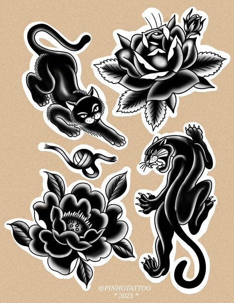 Traditional Animal Tattoo Black, Old School Tattoo Animal, Black Cat Tattoo Traditional, Black Cat Traditional Tattoo, Old School Animal Tattoo, Traditional Black Cat Tattoo, Cat Tattoo Traditional, American Traditional Cat Tattoo, Traditional Cat Tattoo