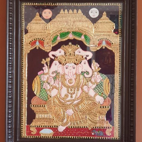 PanchaLord Vinayaka has a special and powerful place  among several gods.  He is considered as the ’god of gods’. Panchamu- khi Ganesha is shown having five faces .  Panchmukhi Ganesha is embodiment of all potencies.   Thus this form of Lord Ganesha when kept in home/office , brings auspicious vibrations of spirituality, harmony and bliss. Mysore Painting, In Home Office, Tanjore Painting, Mysore, Lord Ganesha, Mini Paintings, Ganesha, Art Studio, Home Office