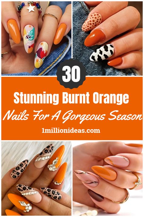 Brunt Orange Nail Design, Fall Nail Designs Burnt Orange, Nude And Orange Nail Designs, Burnt Orange And White Nails, Burnt Orange Chrome Nails, October Nails Fall Acrylic, Orange And Gold Nail Designs, Orange Nail Designs Fall, Orange Acrylic Nails Designs