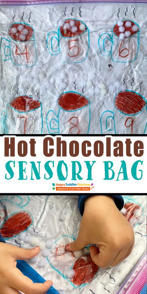 Hot Chocolate Counting Sensory Bag - HAPPY TODDLER PLAYTIME Hot Chocolate Sensory, Chocolate Activities, Christmas Activities For Toddlers, Winter Theme Preschool, Easy Kid Activities, January Activities, Preschool Winter, Play Based Learning Activities, Sensory Bag