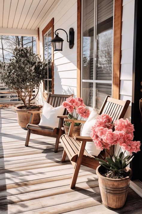 Cozy Porch Aesthetic, Outside Nook Ideas, Narrow Porch Ideas, Front Porch Sitting Ideas, Large Front Porch Ideas, Long Front Porch Ideas, Front Porch Seating Ideas, Outside House Decor, Scandi Farmhouse