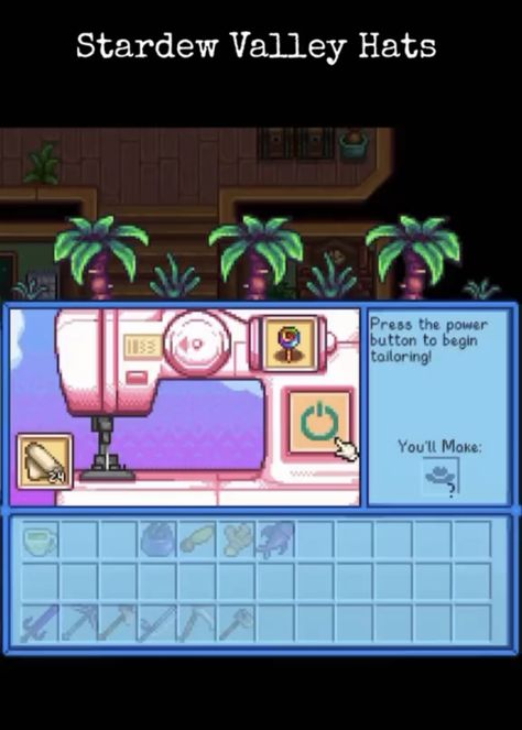 Stardew Valley Hats Guide Stardew Valley Sewing Machine, Stardew Valley Winter, Stardew Valley Tips, Stardew Valley, Sewing Machine, Nintendo Switch, Banners, Ginger, Nintendo