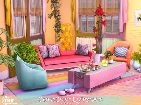 Livibg Room, Maximalist House, Groovy Room, Living Room Sims 4, The Sims 4 Lots, Vibrant Living Room, Colorful Apartment, Free Sims 4, Bright Decor