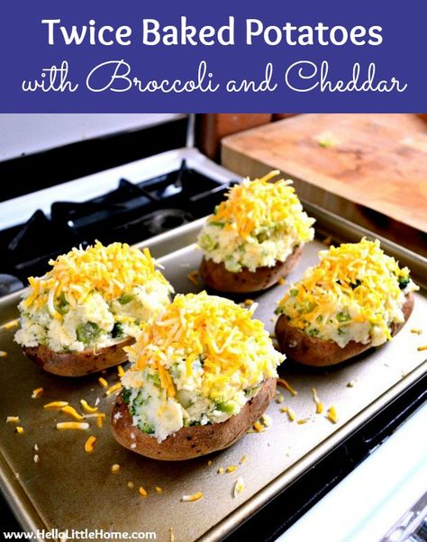 How to make Twice Baked Potatoes with Broccoli and Cheddar, an easy Twice Baked Potatoes recipe! Homemade stuffed potatoes you can make ahead for a vegetarian dinner or a side dish for any meal! These vegetarian Twice Baked Potatoes are loaded with broccoli and cheddar cheese. Bake these cheesy double stuffed Twice Baked Potatoes in the oven for a simple main dish! | Hello Little Home #potatoes #twicebakedpotatoes #stuffedpotatoes #bakedpotato #vegetarianrecipes #cheesy #broccoli #cheddar Double Baked Potatoes, Winter Vegetarian Recipes, Sandwiches Breakfast, Breakfast Desserts, Broccoli And Cheddar, Autumn Recipes Vegetarian, Stuffed Potatoes, Stuffed Baked Potatoes, Vegetarian Bake