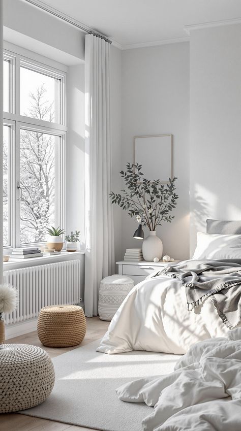 Scandinavian Bedroom Ideas Nordic Master Room, Bedroom Inspirations Master Scandinavian, Nordic Bedroom Scandinavian, Small White Bedroom, Nordic Interior Bedroom, Scandanavian Interiors Bedroom, Modern White Bedroom Ideas, Minimalist Scandinavian Bedroom, Small White Bedrooms