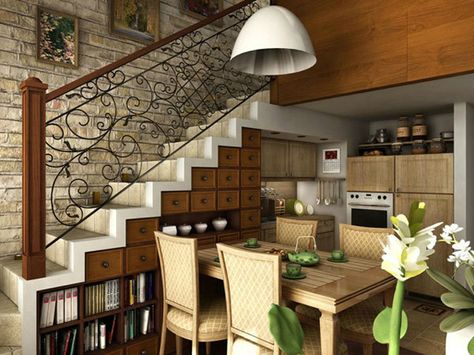 wrought iron stair detail, brick wall, storage under the stairs, industrial lighting fixture Kitchen Under Stairs, Under Stairs Storage Solutions, Stair Shelves, Design Interior Modern, Model Dapur, Stairs In Kitchen, Staircase Interior Design, Staircase Storage, Staircase Wall