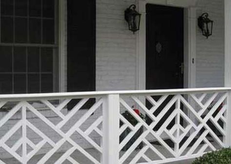 Fretwork-Pattern Railings Aluminum Porch Railing, Colonial Porch, Backyard Fencing, Wood Deck Railing, Porch Railing Designs, Front Porch Railings, Gate Ideas, Balcony Railing Design, Building A Porch