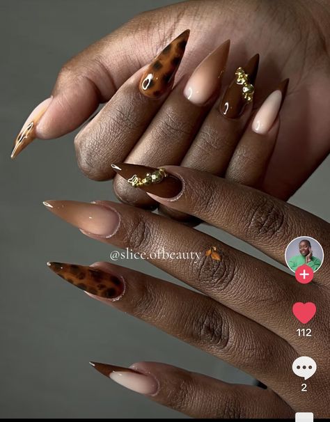 Brown Frenchies Nail, Tortishell Nails Design Square, Brown French Tip Nails Coffin, Brown French Tip Toes, Maximalist Nail Art, Brown And White Nails Design, Brown And Tan Nails, Cherry Brown Nails, Brown Nails With Gems