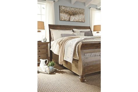 Trishley King Sleigh Bed | Ashley Furniture HomeStore Light Brown Bedroom Furniture, Sleigh Bed Bedroom Ideas, Light Brown Bedroom, Brown Bedroom Furniture, Bed Bedroom Ideas, Bedroom Furniture Wood, Wood Sleigh, King Sleigh Bed, Decorating A Bedroom