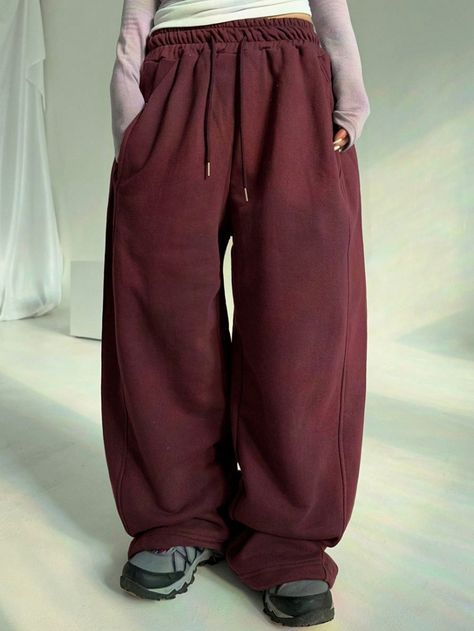 Women's Solid Color Elastic Waist Fleece Lined Warm Baggy Sweatpants Burgundy    Knitted Fabric Plain Wide Leg Non-Stretch All Women Clothing, size features are:Bust: ,Length: ,Sleeve Length: Baggy Clothes Sweatpants, Burgundy Sweatpants, Baggy Bottoms, Sweatpants Baggy, Baggy Sweatpants, Baggy Clothes, Wide Leg Sweatpants, Abstract Graphic, Sweat Pants