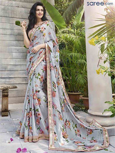 Grey Georgette Printed Saree Chiffon Saree Party Wear, Indian Sari Dress, Saree Floral, Print Saree, Indian Fashion Saree, Saree Designs Party Wear, Party Wear Saree, Designer Saree Blouse Patterns, Ghagra Choli