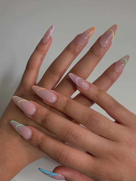 Colorful French Almond Nails, Lined French Tip Nails Almond, Almond Nails With French Tip Design, Almond Nails Designs Long Shape, Almond Acrylic Nails French Tips Color, Simple But Cute Nails Acrylic Almond, Coloured French Tip Nails Almond, French Summer Nails 2023, Clear Acrylic Nails Almond Long