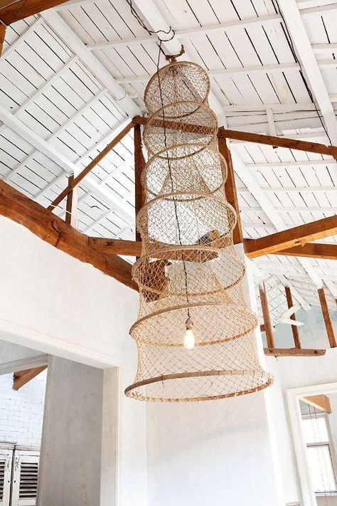 DIY pendant lamp made from an antique fishing basket Diy Luminaire, Fishing Basket, Net Lights, Diy Lampe, Basket Lighting, Creative Lighting, Lighting Inspiration, Diy Lighting, Nautical Decor