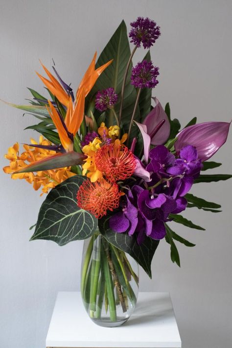 Analogous Floral Arrangements, Triadic Flower Arrangements, Analogous Flower Arrangements, Purple White And Yellow Flower Arrangements, Orange Purple Flower Arrangements, Unusual Floral Arrangements, Best Flower Arrangements, Flowers In Tall Vase, Novelty Flower Arrangements