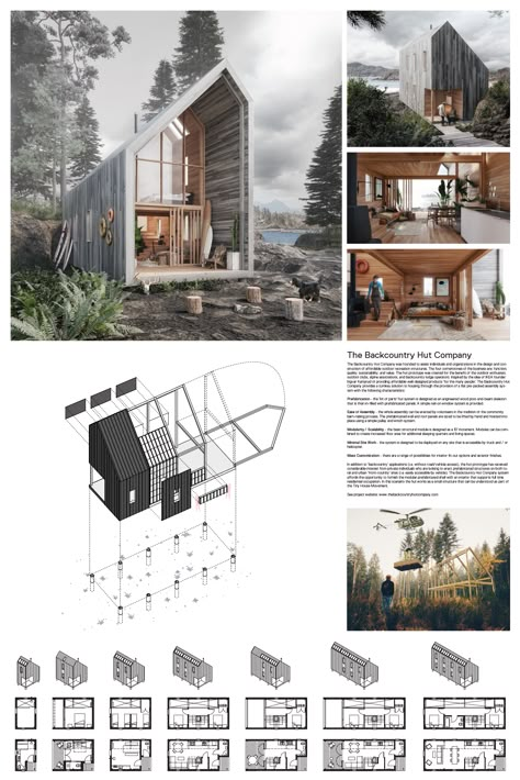 En esta lámina hay un equilibrio entre imágenes e información, empieza de lleno presentando los renders del proyecto, luego pasa a un diagrama de aspectos constructivos. Al final no encontramos con las volumetrías y los planos arquitectónicos. Cabin Plan, Prefab Cabins, Architecture Presentation Board, Architecture Board, Cabin Kits, Layout Architecture, Small Cabin, Architectural Drawing, Tiny House Cabin