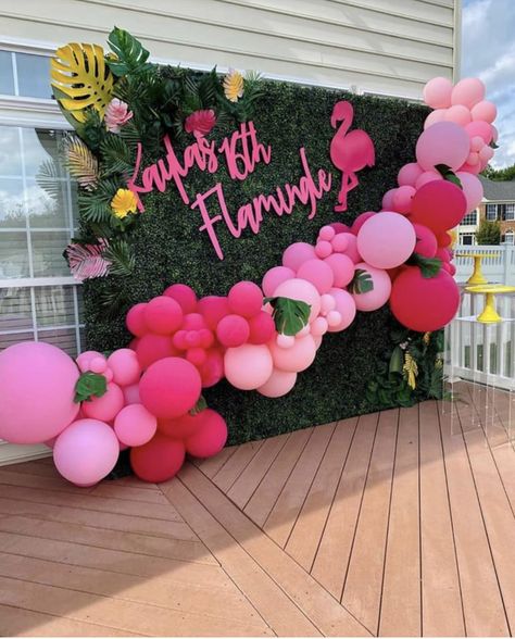 Pink Hawaiian Party, Sweet 16 Tropical Theme Party Ideas, Flamingo Backdrop, Tropical Sweet 16, Sweet 16 Pool Parties, Hawaii Themed Party, Flamingo Pool Parties, Pink Flamingo Party, Tropical Theme Party