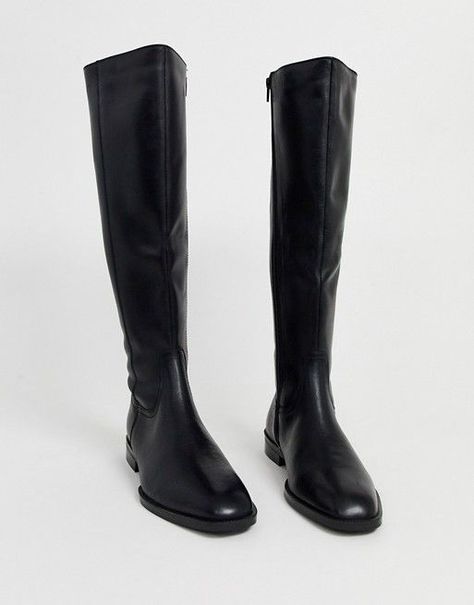 ASOS Wide Fit Charisma Leather Smart Riding Boot Knee Boots Flat, Black Flat Boots, Flat Leather Boots, Calf High Boots, Riding Boots Fashion, Knee High Boots Flat, Low Heel Ankle Boots, Black Heels Low, Gucci Boots