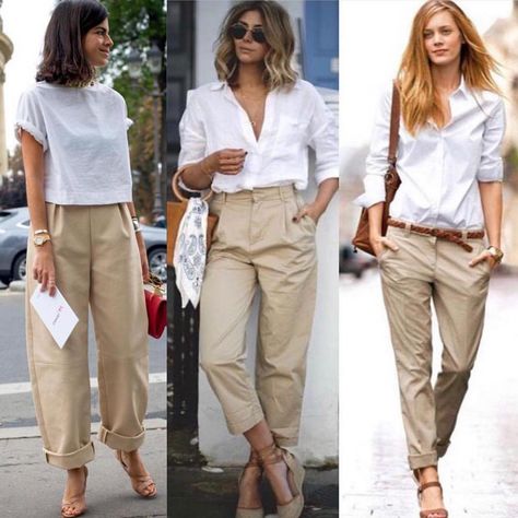 Left, Center or Right? Chino Pants Women, White Shirt Outfits, Womens Chinos, Women Outfit, 가을 패션, White Shirts, Street Style Outfit, Look Fashion, Shirt Outfit