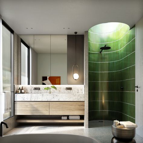 Green Bathrooms Inspiration, Bathroom With Marble, Small Ensuite, Green Bathroom Vanity, Duplex Design, Bathtub Design, Residential House, Design Del Prodotto, Green Bathroom