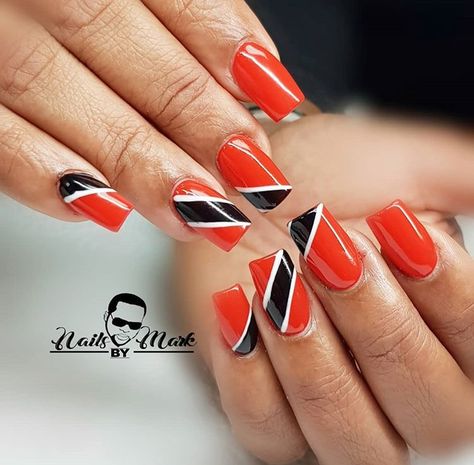 Trinidad 🇹🇹 Flag Nails Party Nail Design, Interesting Nails, Trinidad Flag, Carnival Nails, Polish Gel Nails, Shapes Nails, Nail Tricks, Jewels Nails, Sports Nails