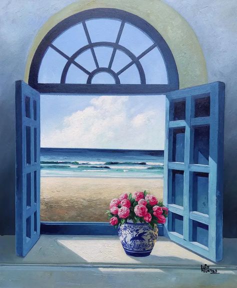 Luis Fuentes - View With Peonies - original seascape ocean artwork contemporary modern surreal For Sale at 1stDibs Painted Window Art, Ocean Waves Painting, Artwork Contemporary, Ocean Artwork, Window Drawing, Sea Life Art, Seascape Photography, Sea Landscape, Beautiful Art Paintings