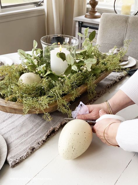 Spring/Easter Dough Bowl Centerpiece » Mother Thyme Easter Dough Bowl, Easter House Decor, Easter House Decorations, Fruit Bowl Decor, Simple Easter Decor, Modern Easter Decor, Mother Thyme, Easter House, Dough Bowl Centerpiece