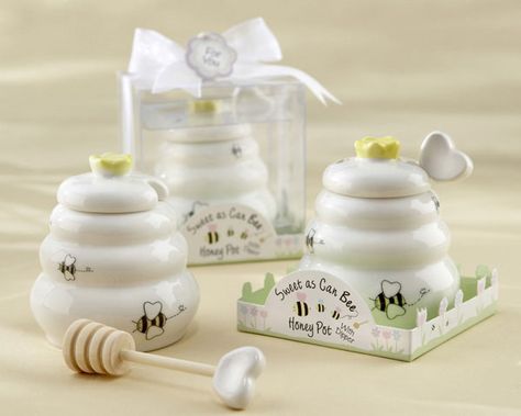 Chloe’s Inspiration ~ Sweet Baby Shower Favors Honey Pot Favors, Ceramic Honey Pot, Baby Shower Unique, Sweet As Can Bee, Unique Baby Shower Favors, Honey Jars, Bee Baby Shower Theme, Mommy To Bee, Bumble Bee Baby Shower