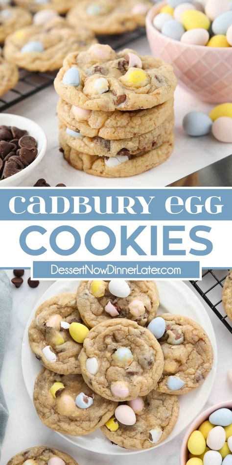 These Cadbury Egg Cookies are as simple as making chocolate chip cookies with your favorite Cadbury mini eggs crushed and folded into the batter. A super easy Easter cookies recipe! Cadberry Eggs Cookies, Cadbury Egg Cookies, Cadbury Cookies, Cadbury Mini Egg Cookies, Easy Easter Cookies, Mini Egg Cookies, Cadbury Mini Eggs, Mini Eggs Cookies, Easter Cookie Recipes