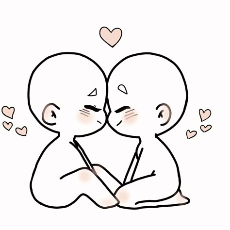 Chibi Drawings Couples, Cute Couple Base Drawing Chibi, Chibi Cuddle Poses, Chibi Holding Hands Reference, Chibi Body Base Couple, Ship Art Base Chibi, Chibi Couple Poses Reference, Chibi Kiss Reference, Chibi Kissing Base