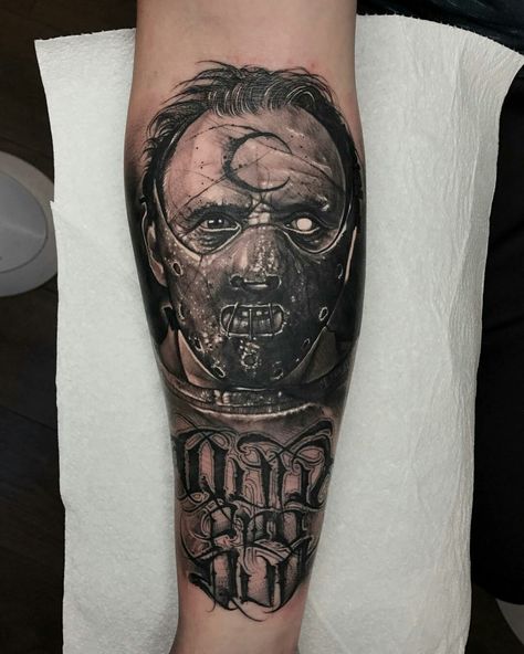 Hannibal Lecter Tattoo, Scary Tattoo Ideas, Anrijs Straume, Hannibal Tattoo, Horror Tattoo Ideas, Tattoo Mafia, Black And Grey Tattoos Sleeve, Horror Tattoos, Tarot Tattoo