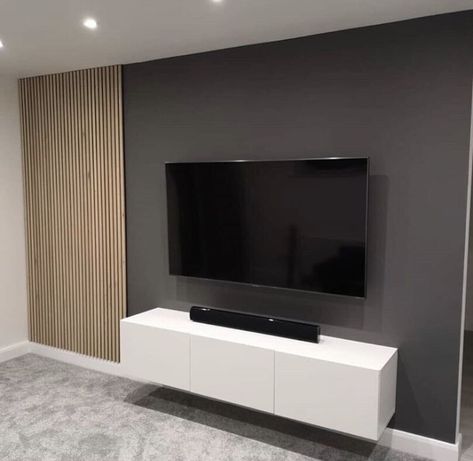 Besta Tv Wall Ideas, Grey Tv Wall, Dark Grey Feature Wall, Grey Feature Wall, Small Studio Apartment Design, Dark Grey Living Room, Snug Room, Feature Wall Living Room, Simple Living Room Decor