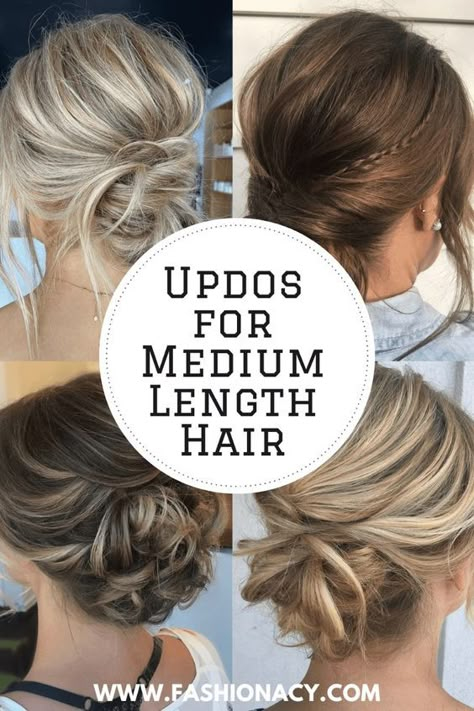 Discover a variety of stylish updos perfect for medium length hair, offering both elegance and versatility for any occasion. Explore creative ideas to elevate your hairstyle with simple yet stunning techniques. Messy Updo Medium Length Hair, Wedding Hair Updo For Medium Length Hair, Medium Hair For Wedding Guest, Updos For Medium Length Hair Easy Simple, Easy Up Styles For Medium Hair, Mother Of Groom Updo Hair, Medium Length Hair Pulled Up, Hair Up Ideas For Medium Hair, Hair Do For Mother Of The Groom