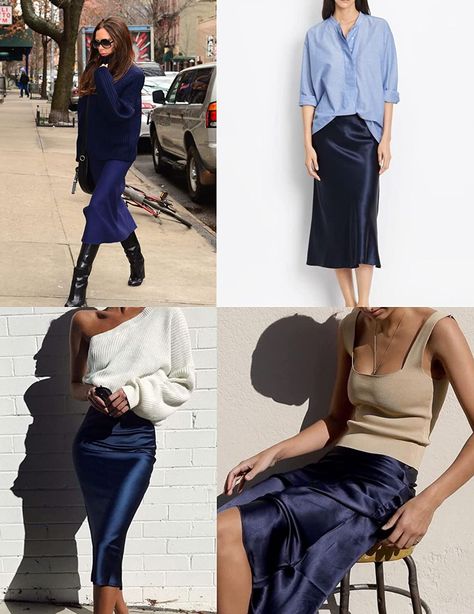 Styling Blue Skirt, Navy Blue Outfits For Women Casual, Satin Navy Skirt Outfit, Blue Satin Skirt Outfit Winter, Navy Blue Slip Skirt Outfit, Navy Blue Silk Skirt Outfit, Blue Slip Skirt Outfit, Navy Blue Satin Skirt Outfit, Navy Slip Skirt Outfit