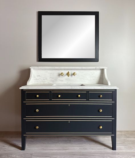 Custom Bathroom Vanity Gallery | Vermont | Vermont Vanities Modern Victorian Bathroom Vanity, Marble Vanity Backsplash Ideas, Marble Top Bathroom Vanity, 48” Bathroom Vanity, Rounded Vanity, Black Marble Vanity, Custom Vanity Bathroom, Statement Backsplash, Guest Bathroom Vanity