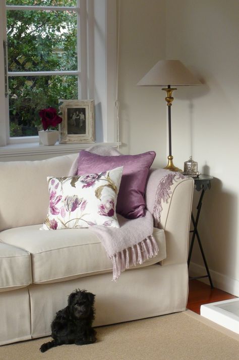 Ashley Home Furniture Living Room, Plum Bedroom Ideas, Laura Ashley Living Room, Mauve Living Room, Plum Bedroom, Lilac Cushions, Unique Living Room Furniture, Home Furniture Living Room, Country Cottage Interiors