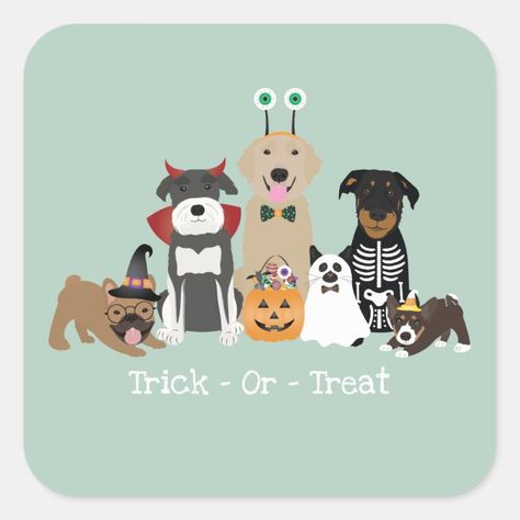 Trick Or Treat Happy Halloween Spooky Pet Costumes Square Sticker Size: Small, 1½ inch. Gender: unisex. Age Group: adult. Pet Cards Ideas, Dogs Trick Or Treating, Dog Halloween Drawing, Halloween Animals Drawing, Halloween Dog Art, Halloween Pets, Halloween Dogs, Happy Halloween Pictures, Halloween Wallpaper Cute