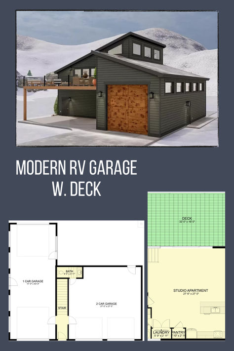 This contemporary carriage house garage includes enough space for an RV AND 3 cars!  It includes a 909 sq. ft. heated area on the second floor, perfect for comfortable living. This detached RV garage provides a total garage area of 1,688 sq. ft., accommodating 2-3 cars plus an RV with a front entry.   Click here for more details>>> House Plans Rv Garage, Garage With Living Quarters One Level, Rv Garage With Living Quarters, Detached Rv Garage, Detached Garage Plans, Garage Studio Apartment, 6 Car Garage, Apartment Garage, Rv Garage Plans