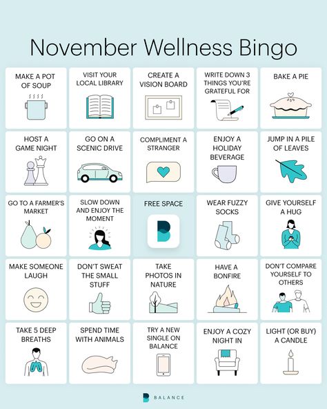 November Wellness Bingo | Balance App November Self Care, November Wellness, Wellness Bingo, Self Care Bingo, Twenty Twenty, Wellness Activities, Personal Wellness, Self Care Bullet Journal, Bingo Board