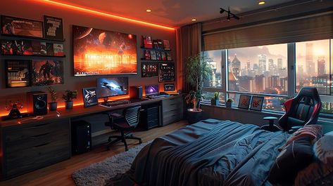 Tv Over Monitor Setup, Cozy Gaming Bedroom, Bedroom Tv Setup, Lofted Cabin, Japan House Design, Gaming Bedroom, Japan House, Men Apartment, Ny Life