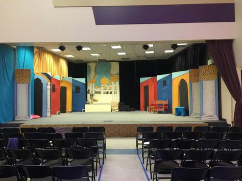 Aladdin Jr stage set. Full stage is 30' downstage, 22' upstage, 21' SR, 24' SL...yes, a trapezoid. SL is a dead-end wall. SR has exit room. This doubles as my classroom during the school day with an acoustic movable wall that slides open for productions. Tall screen in back is 8'x10' secured to a 3'x8'x28" box. Aladdin Play Props Set Design, Aladdin Props, Exit Room, Aladdin Play, Aladdin Jr, Props Ideas, Stage Ideas, Play Props, Stage Props