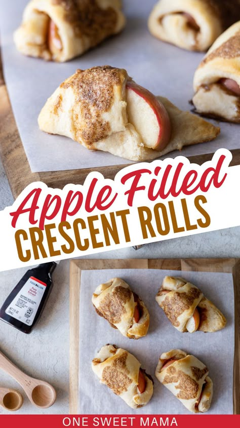 Looking for an easy apple crescent roll dessert recipe?  This apple dessert with fresh apples comes together in under 15 minutes and is a quick and easy weeknight dessert we love in my house!  I also love to make this crescent roll dessert for holidays and parties - they're a total hit! Apple Recipe With Crescent Rolls, Apple Crescent Roll Dessert, Crescent Roll Apple Turnovers, Crescent Roll Recipes Appetizers, Crescent Desserts, Crescent Roll Apple Pie, Fresh Apple Recipes, Apple Crescent, Crescent Roll Apple